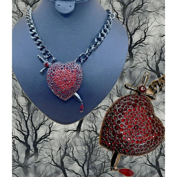 Betsey Johnson Red Crystal Pave Dagger Heart Pendant Hematite Chain Necklace